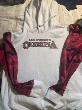 's Olympia White Hoodie with Red Camo Sleeves